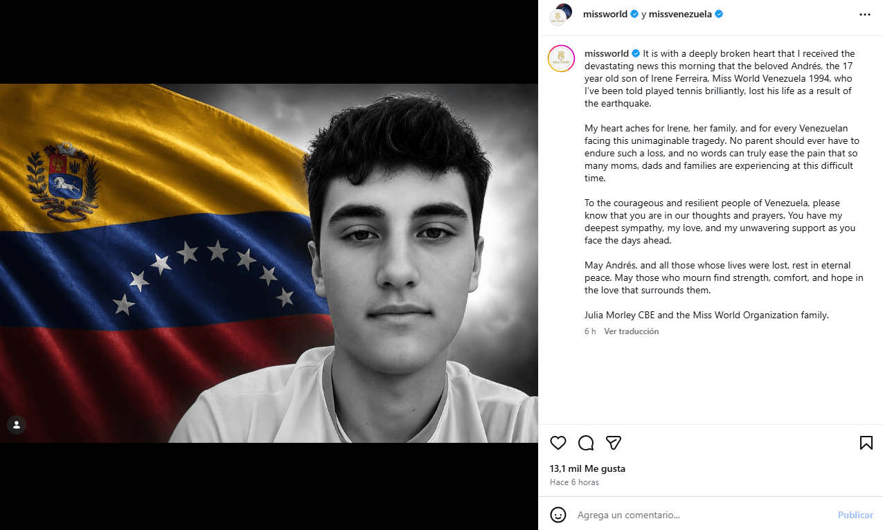 Se confirmó la muerte de Andrés Kräuter, hijo de Irene Ferreira, Miss World Venezuela 1994.
