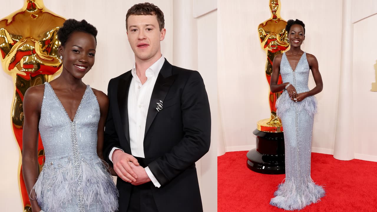 Lupita Nyong'o se decidió por este modelo Armani Privé, y joyas De Beers, para acudir al Oscar luego de haber pasado unas vacaciones en México.