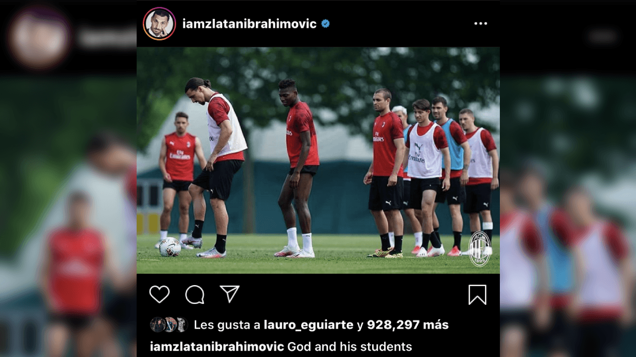 "Dios y sus estudiantes", publicó el delantero sueco en su perfil de Instagram durante una práctica del Milan.