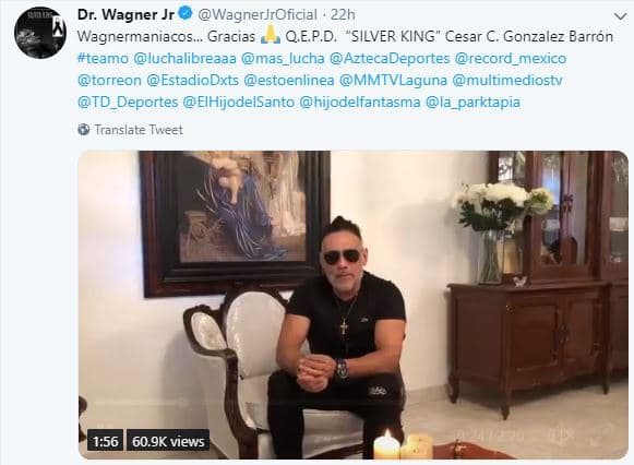 <b>Wagner Jr</b>., hermano de Silver King, publicó un 
<b><a href="https://twitter.com/WagnerJrOficial/status/1127615126947889152" target="_blank">video en Twitter</a></b> para hablar sobre el deceso de su hermano.