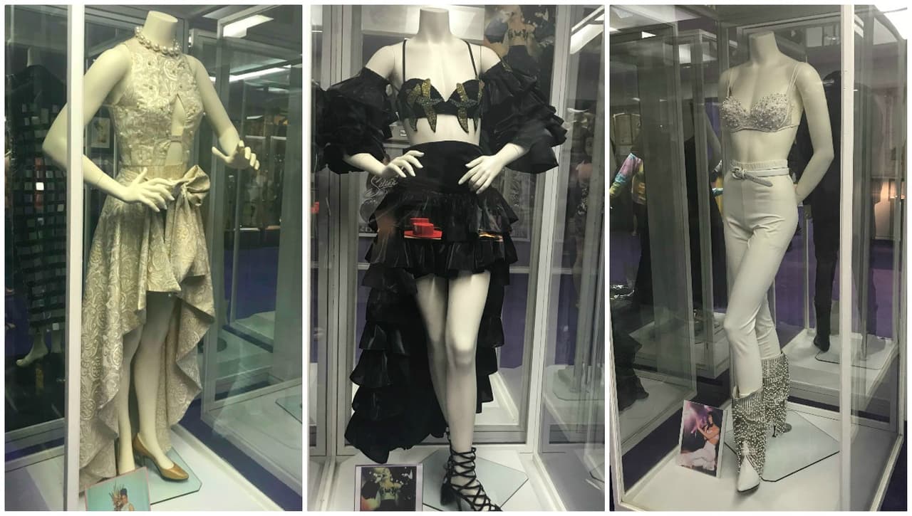 Aquí una muestra de algunos de los vestidos que la cantante lució durante algunos momentos de una carrera artística en la que grabó cinco álbumes de estudio.