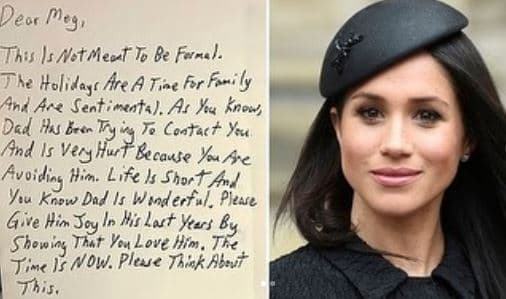 "Querida Meghan, [...] Las festividades (navideñas) es tiempo para la familia y son sentimentales. [...] Como sabes, papá ha estado tratando de contactarte y 
<b>está muy dolido porque lo estás evitando </b>[...]", escribió Samantha.