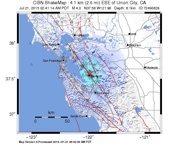 Mapa del sismo en Fremont-Union City