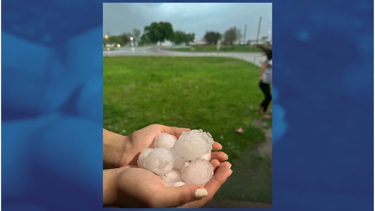 En la localidad de Justin, al norte de Fort Worth, Mary Pineda comparte algunos de 
<b>los granizos que recogió, los cuales son del tamaño de pelotas de golf</b>. Esa zona 
<b>alcanzó el nivel tres de cinco en la escala de riesgo de tiempo severo</b>.
