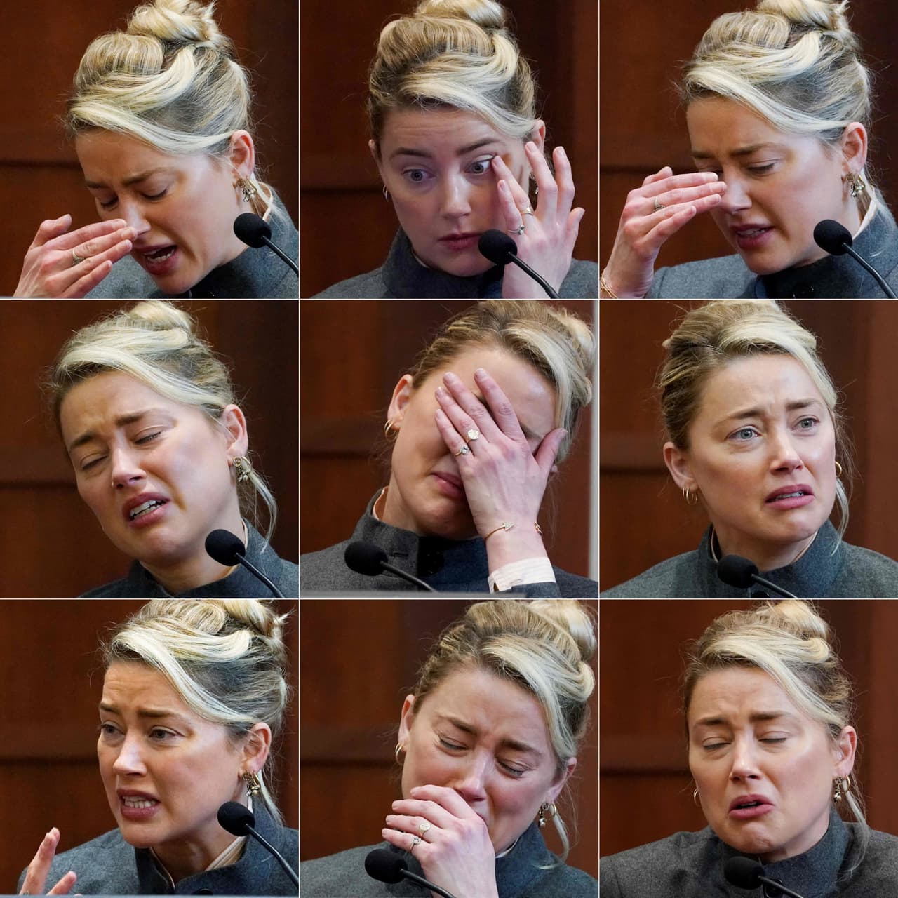 Esta combinación de imágenes muestra a la actriz Amber Heard mientras testifica en la sala del tribunal del circuito del condado de Fairfax en Fairfax, Virginia. El actor Johnny Depp demandó a su exesposa Heard por difamación en el Tribunal de Circuito del Condado de Fairfax después de que ella escribiera un artículo de opinión en The Washington Post en 2018 refiriéndose a sí misma como una "figura pública que representa el abuso doméstico".