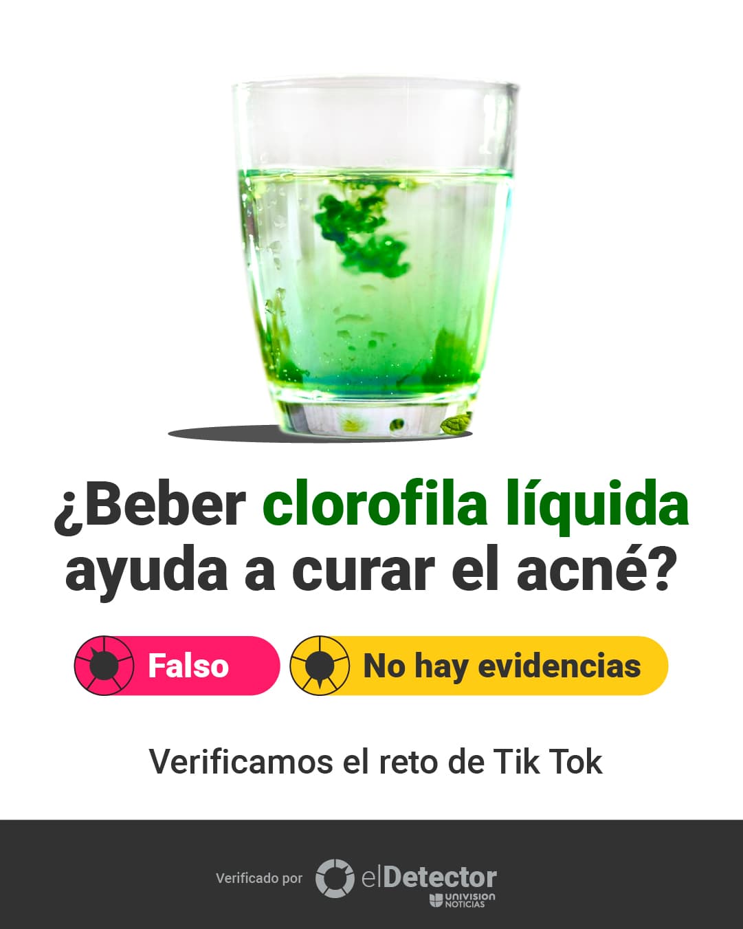 Verificamos el 
<i>challenge</i> que se convirtió en tendencia en Tik Tok con la etiqueta #chlorophyll y encontramos que es falso y no está basado en evidencias. Además, según estudios científicos, el consumo excesivo de clorofila puede tener efectos adversos en la salud de las personas. 
<a href="https://www.univision.com/noticias/tiktok-reto-clorofila-liquida-acne">Mira la nota completa de <b>El Detector </b>aquí</a>. 
<br>