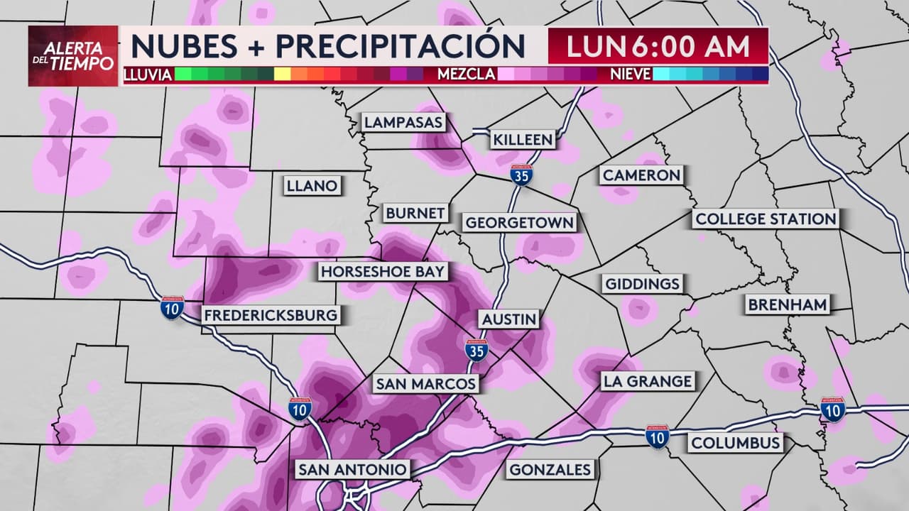 El radar muestra algo de mezcla invernal en San Marcos y Austin, extendiéndose a zonas de Georgetown y Horseshoe Bay.