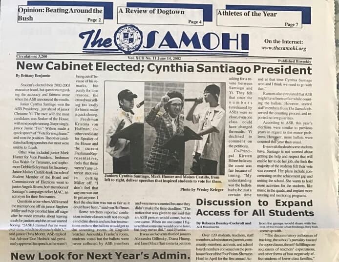 Portada del diario estudiantil The Samohi con la información del incidente protagonizado por Miller en la noticia principal.