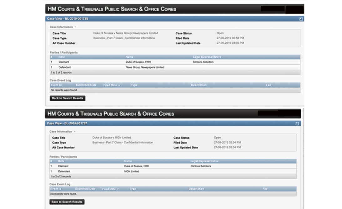Expediente judicial que muestra las acciones legales que el príncipe Harry interpuso el pasado 27 de septiembre de 2019.