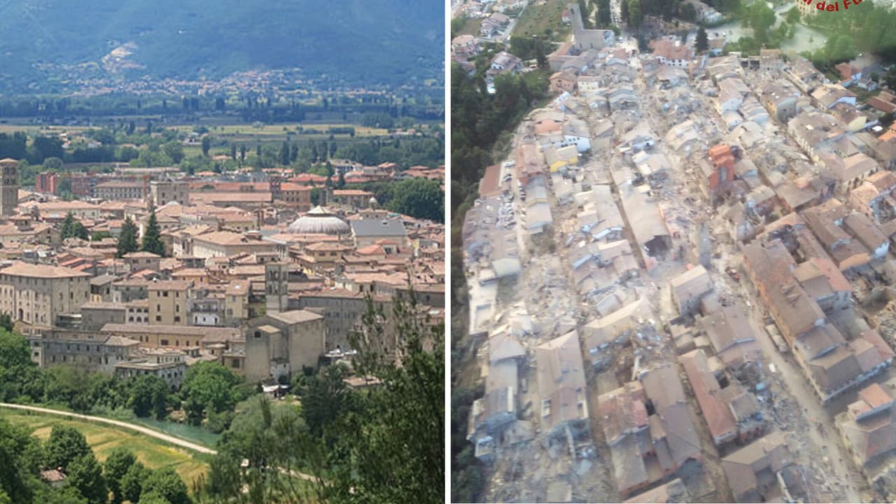 Una vista panorámica de Amatrice, antes y después del terremoto.