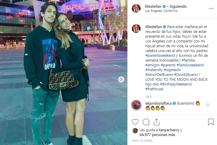 A través de Instagram, La Flaca comentó que, por tal motivo, viajó a Los Ángeles para pasar un fin de semana “inolvidable” con Lorenzo.