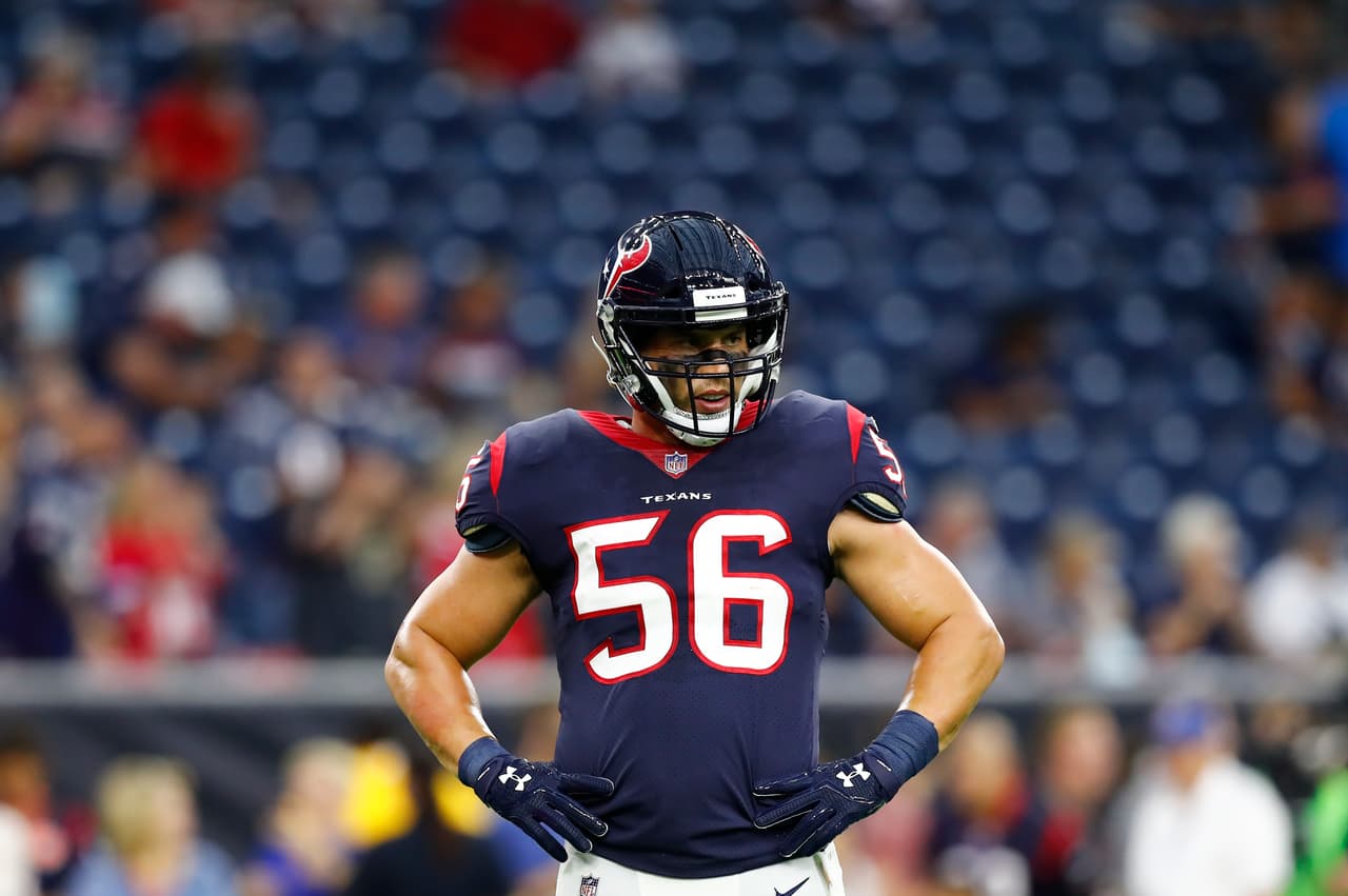 Houston Texans linebacker Brian Cushing (56) during pregame warmups before a Week 2 NFL preseason game against the New England Patriots in Houston on August 19, 2017. The Texans beat the Patriots 27-23 (Matt Patterson via AP)