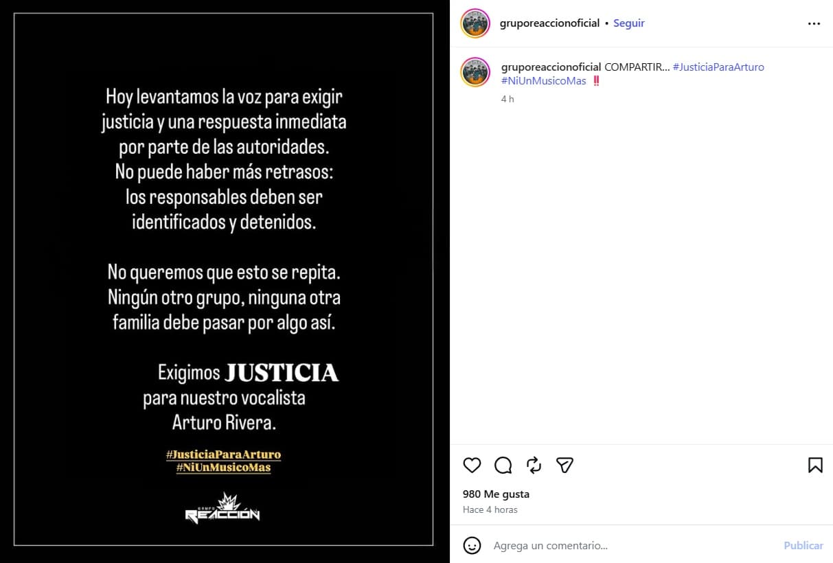 Grupo Reacción exige justicia por el asesinato de su vocalista, Arturo Rivera.