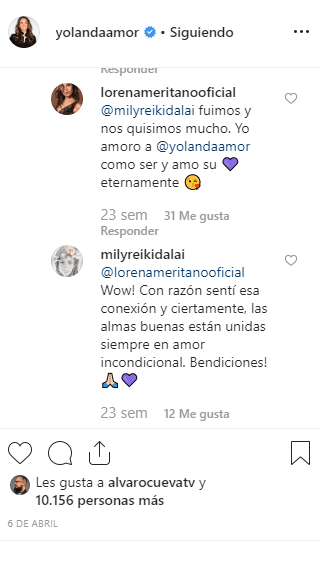 La respuesta de Lorena Meritano en esa ocasión fue: "Fuimos y nos quisimos mucho. Yo amo a Yolanda como ser y 
<b>amo su corazón eternamente</b>".