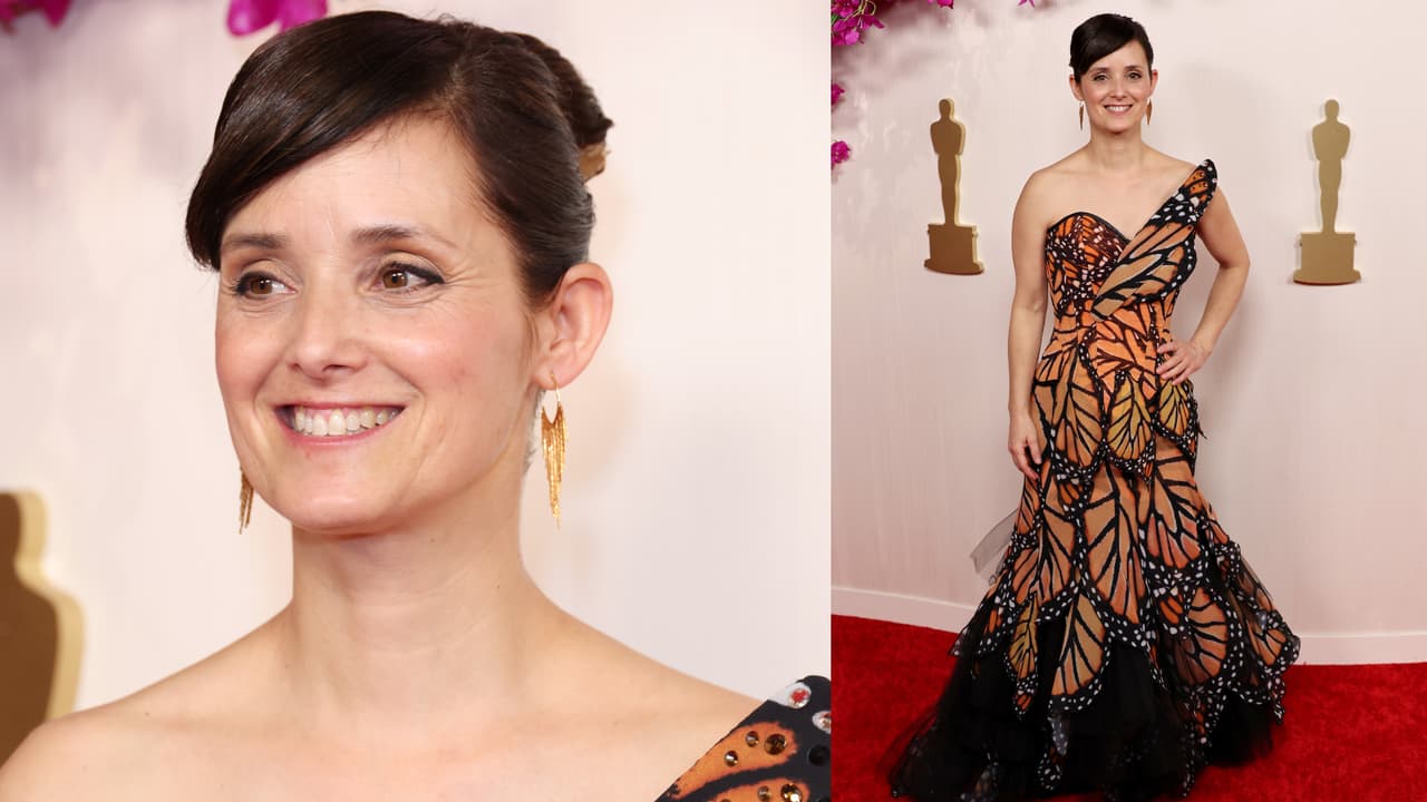 La española Montse Ribé fue una de las hispanas nominadas este año y llegó con este vestido inspirado en las mariposas.