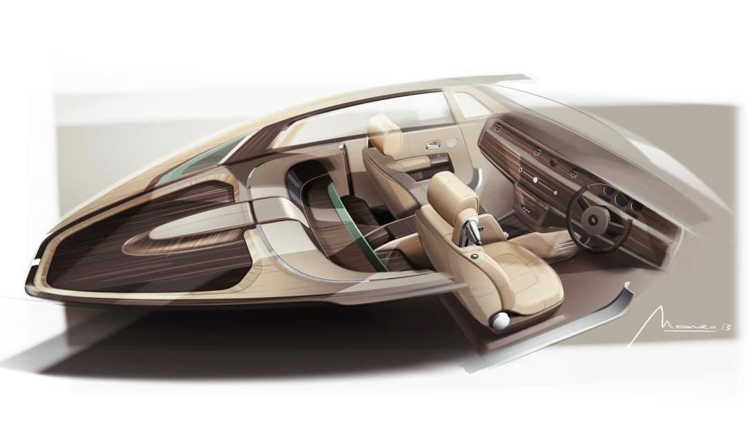 Este boceto del interior de Rolls-Royce Sweptail muestra espacio para solo dos pasajeros así como una repisa trasera de madera con bordes iluminados que incluye un estante para sombreros y lugar para descansar el equipaje. Solo basta mirar al Sweptail para saber que está basado en la plataforma de la familia Phantom VII (Phantom, Phantom Coupe y Drophead Coupe) que fue descontinuada el año pasado. Un reporte del Telegraph de Londres en mayo de 2017 anunció que la factura del proyecto ascendió 12.8 millones de dólares lo que hizo del Sweptail el auto nuevo más caro de todos los tiempos, pero que desde aquel entonces ya fue superado por el
<b><a href="https://www.univision.com/noticias/pagani/conoce-el-carro-nuevo-mas-caro-del-mundo-fotos" target="_blank">Pagani Zonda HP Barchetta</a></b>.