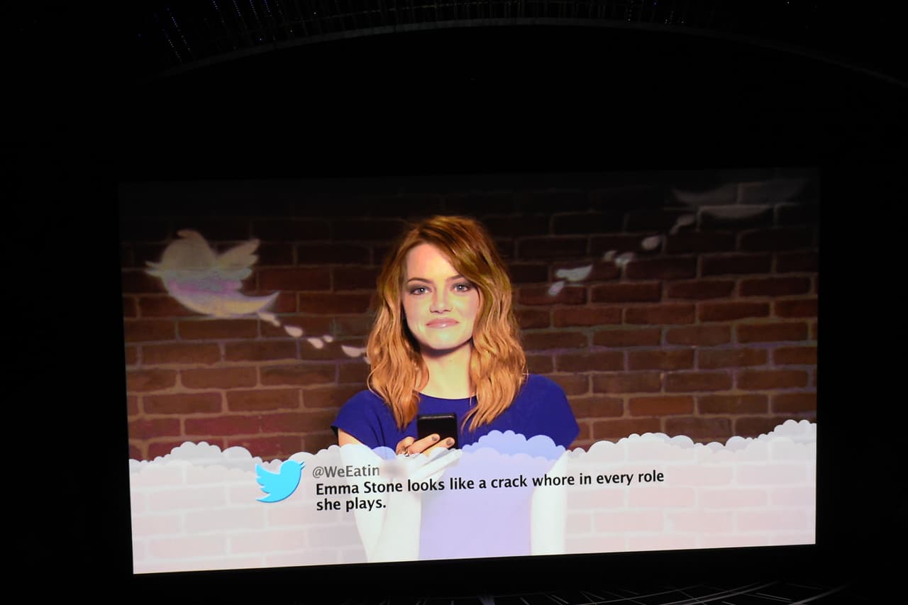 Nominee for Best Actress in "La La Land" Emma Stone reads mean tweets she received on her twitter account during a video address at the 89th Oscars on February 26, 2017 in Hollywood, California. / AFP / Mark RALSTON (Photo credit should read MARK RALSTON/AFP/Getty Images)