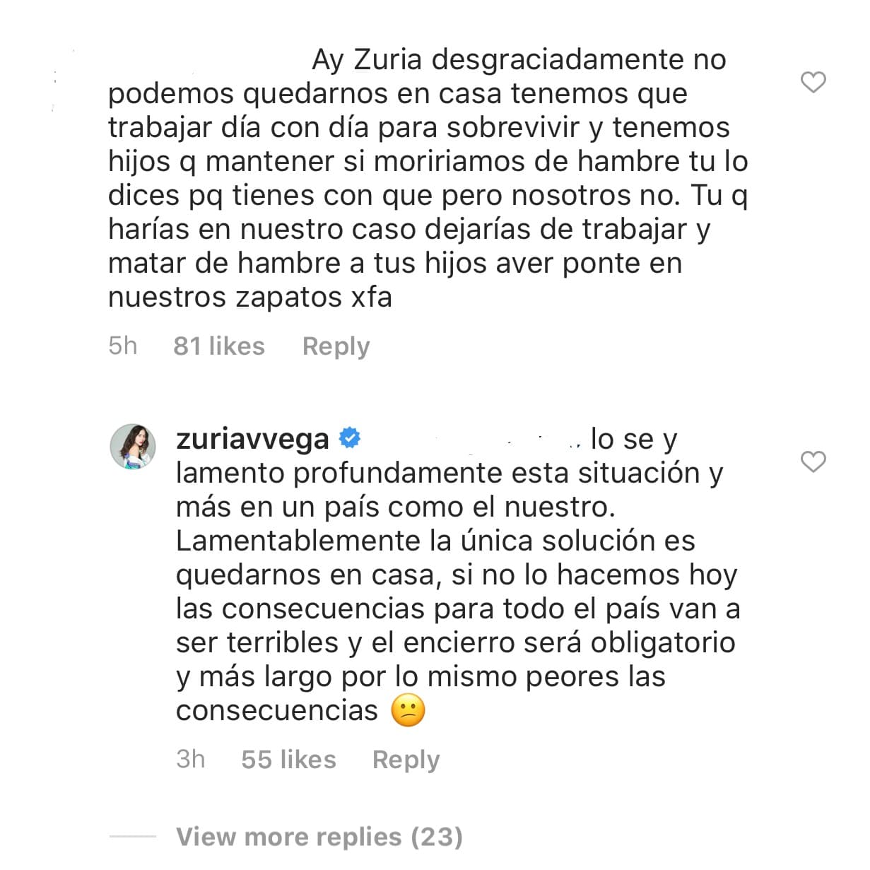 <b><a href="https://www.univision.com/noticias/salud/mapa-actualizado-del-coronavirus-cifras-de-casos-confirmados-y-fallecidos" target="_blank">"Lamento profundamente esta situación"</a></b>, explicó la actriz, "más en un país como el nuestro. Lamentablemente la única solución es quedarnos en casa, si no lo hacemos hoy, las consecuencias para todo el país van a ser terribles y el encierro será obligatorio y más largo".
<br>
