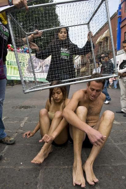 La representación de la jaula se llevó a cabo desde temprana hora y el objetivo era simular ser animales en venta.