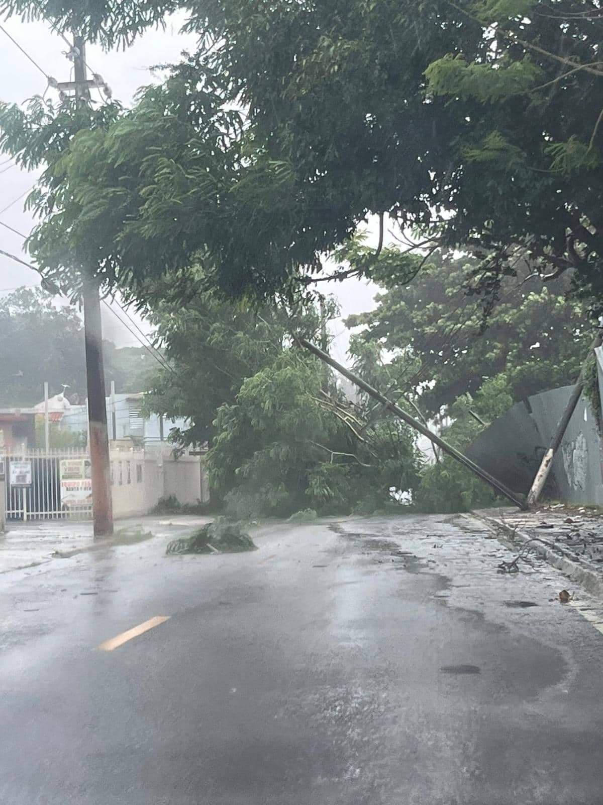 Un poste, un árbol y cables eléctricos en el suelo bloquean una vía en el municipio de Carolina.