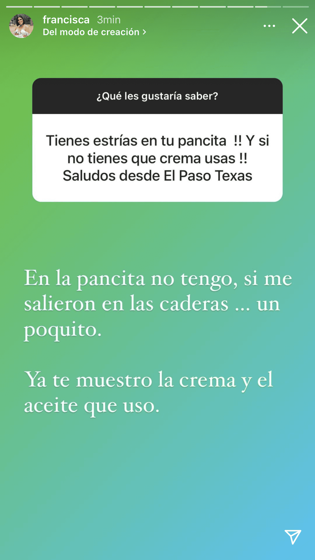 Reconoció que en esa parte del cuerpo no tiene, pero 
<b><a href="https://www.univision.com/shows/despierta-america/francisca-lachapel-embarazada-cuerpo-cirugias-fotos" target="_blank">"sí me salieron en las caderas"</a></b>, escribió, acotando que solo "un poquito". 
<br>