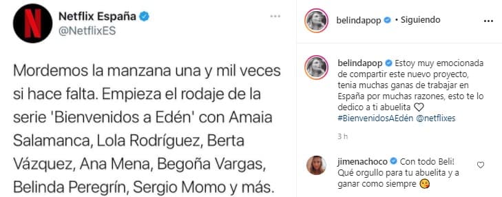 <b><a href="https://www.univision.com/famosos/belinda-regresa-actuacion-serie-netflix-tras-muerte-abuela">Belinda anunció su regreso a la actuación</a></b> el 23 de febrero, volverá a los sets en 'Bienvenidos a Edén', una serie española de Netflix que se graba en Lanzarote, una de las islas Canarias.
<br>