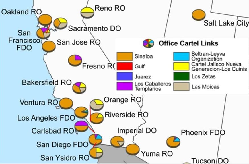 Mapa de influencia de Las Moicas y otros carteles en California, según la Administración para el Control de Drogas (DEA).