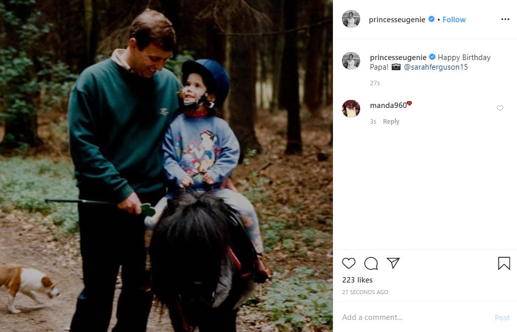 <b>La princesa Eugenie</b>, hija menor del príncipe Andrés, le expresó cariño a su padre con una fotografía de la infancia tomada por su madre, Sarah Ferguson: "¡Feliz cumpleaños papá!".