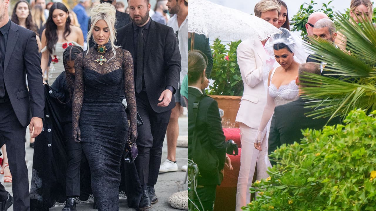 Kim Kardashian llegó con este look a la boda de su hermana Kourtney.
