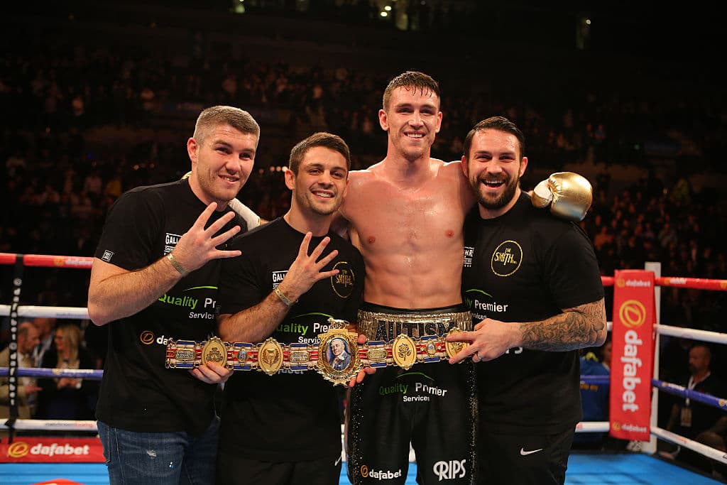 LIVERPOOL, ENGLAND - NOVEMBER 7: Callum Smith stands alongside brothers (left to right) Liam, Stephen and Paul Smith, after beating Rocky Fielding during their Super Middleweight contest at the Echo Arena on November 7, 2015 in Liverpool, England. (Photo by Dave Thompson/Getty Images)