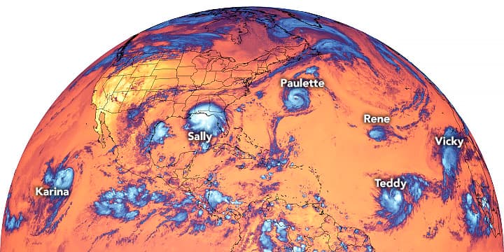 La abrumadora e histórica
<a href="https://www.univision.com/local/miami-wltv/temas/temporada-de-huracanes-2020">temporada de huracanes 2020</a> reflejada en esta imagen ampliada del 14 de septiembre, donde se pueden ver 6 tormentas.