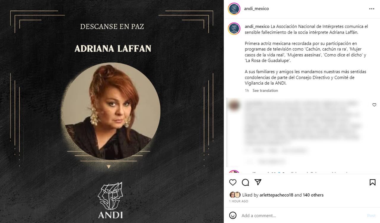 Muere la actriz Adriana Laffán.