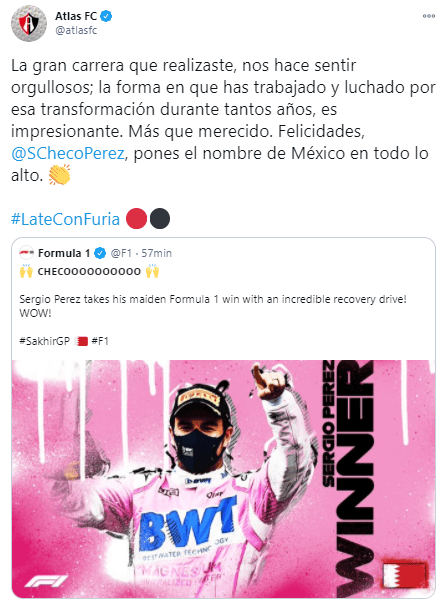No dejan de caer felicitaciones en las redes sociales para Sergio Pérez tras su victoria en las Formula 1. ¡Histórico!