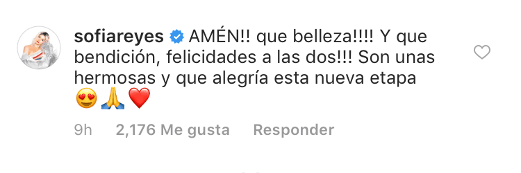 Mientras que la cantante Sofía Reyes mandó felicitaciones a Joy y su pareja por la nueva etapa que viven.