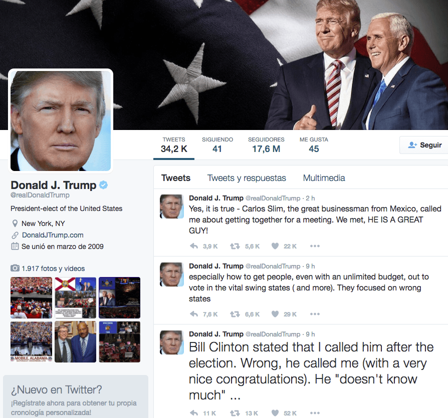 <b>La campaña tuitera. </b>La campaña 2016 se libró como nunca antes en Twitter y Facebook. Trump hizo de las redes sociales un campo de batalla en el que se sentía cómodo y que también, con sus tuits explosivos con insultos o comentarios poco apropiados, lo metieron en más de un aprieto. Casi cada uno de los mensajes de Trump en Twitter fueron noticia y ahora que ya es un hecho que llegará a la Casa Blanca parece que seguirá con esa tendencia comunicando, incluso, sopiniones sobre temas de sensibilidad diplomática.