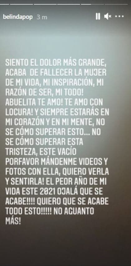La protagonista de 'Cómplices al rescate' se mostró
<b> devastada </b>en redes y pidió a sus seguidores que le enviaran fotografías y videos donde apareciera con ella.
<br>