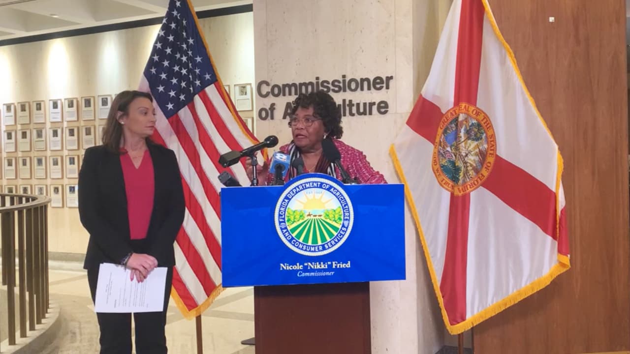 Nikki Fried, comisionada de Agricultura y Servicios al Consumidor (izq), y la senadora estatal Geraldine Thompson, durante el anuncio de la queja administrativa contra Orlando Slingshot.