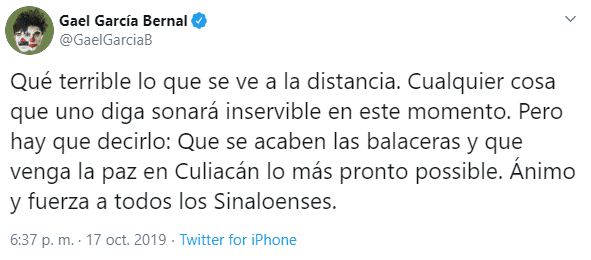 En Twitter lamentó lo que en ese momento acontecía en esa ciudad mexicana y expresó su solidaridad con los sinaloenses.