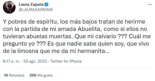 “Y pobres de espíritu, los más bajos tratan de herirme con la partida de mi amada abuelita, como si ellos no tuvieran abuelas maternas”, expresó la actriz de 66 años. 
<br>
