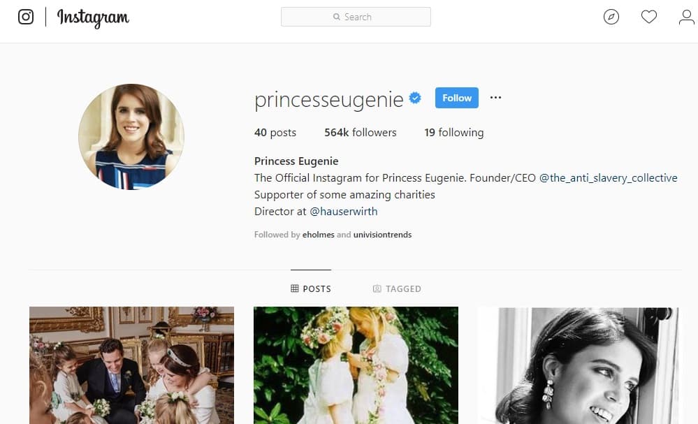 La princesa Eugenie solo sigue 19 cuentas de Instagram, la mayoría de ellas son oficiales de la casa real y sus miembros, así como de organizaciones caritativas (ella es muy activa en la filantropía). Ninguna de las cuentas está dedicada a Meghan Markle, por lo que habría llegado al post de la duquesa a través de una recomendación de alguien o por una sugerencia del buscador de Instagram.