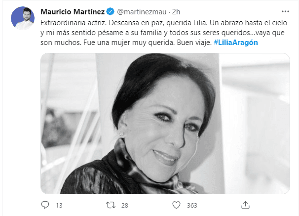 El actor y cantante mexicano 
<b>Mauricio Martínez </b>lamentó la muerte y habló del vacío que dejó en las personas que la conocieron.