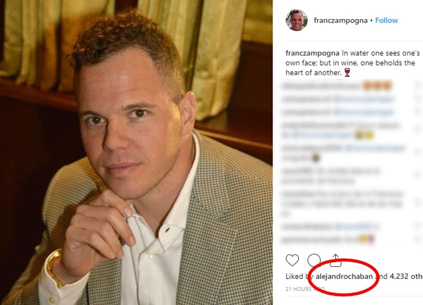 El jueves 13 de diciembre, Francesco Zampogna publicaba en Instagram su primera foto tras la noticia de su enlace con Francisca, y luego de que quedase claro que él era el galán que había robado el corazón de la conductora. Ese mensaje fue del gusto de Chabán, como se comprueba en la imagen.