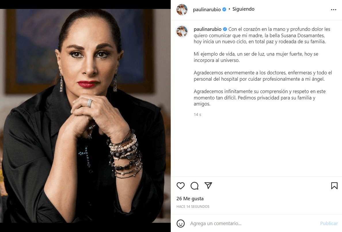 Paulina Rubio confirmó la muerte de su madre, la actriz Susana Dosamantes.