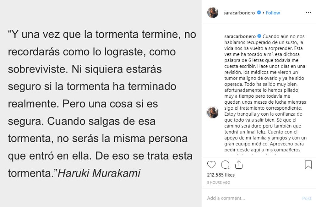 Acompañada de una imagen con una frase de superación personal de Haruki Murakami, la periodista explicó cómo fue que le detectaron la enfermedad.