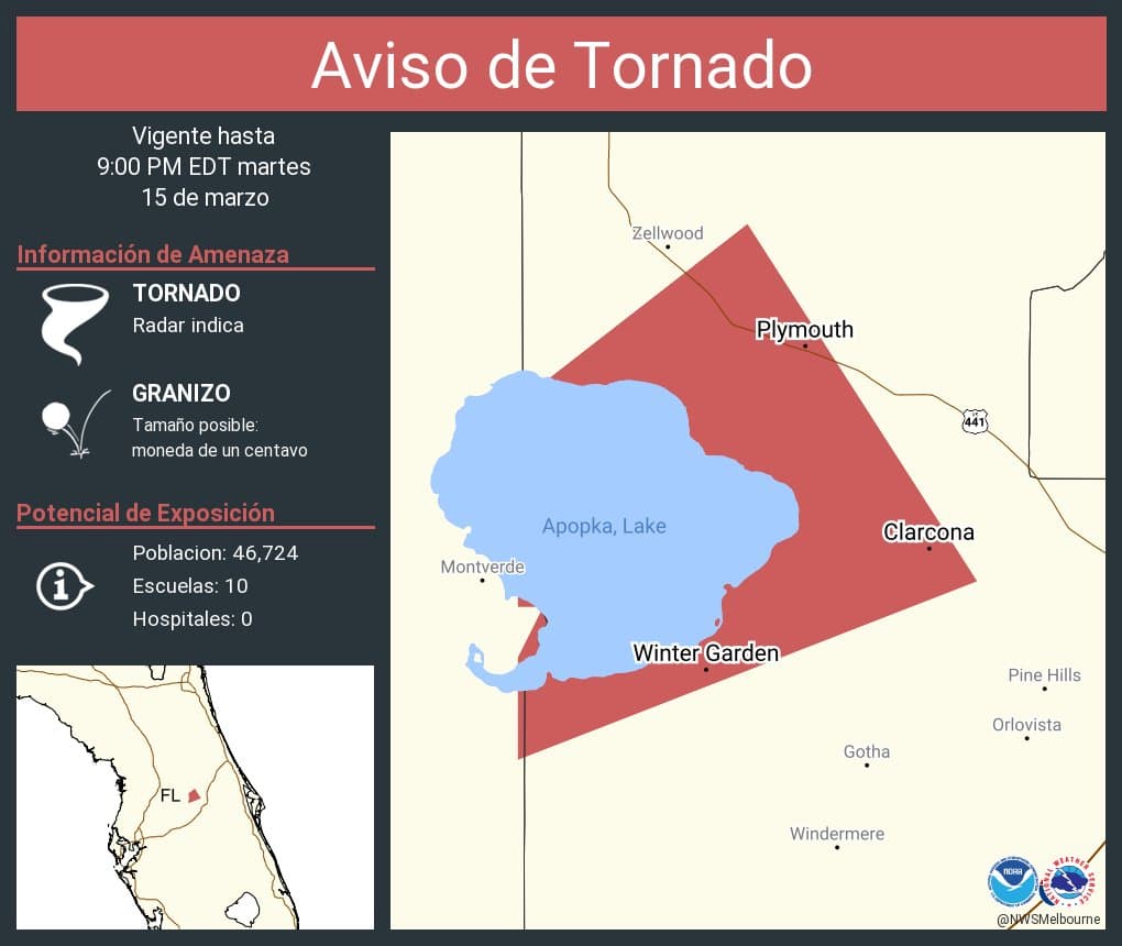Alerta de tornado incluye a Lake Mary Jane, Lake Hart y Narcoossee; siguen las fuertes lluvias