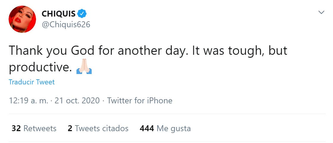 Unos minutos después, siendo ya miércoles, Chiquis admitió haber tenido un día
<b><a href="https://twitter.com/Chiquis626/status/1318784074991824896" target="_blank">"pesado, pero productivo"</a></b>.
<br>