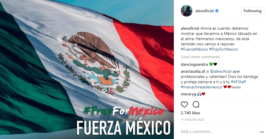"Ahora es cuando debemos mostrar que llevamos a México tatuado en el alma. Hermanos mexicanos, de esta también nos vamos a reponer", escribió en su cuenta de Instagram el cantante tras el terremoto.
