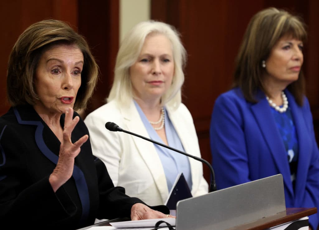 U.S. Speaker of the House Nancy Pelosi (L) (D-CA) speaks at a press conference to discuss the Vanessa Guillen Military Justice Improvement and Increasing Prevention Act, with Rep. Jackie Speier (R) (D-CA) and Sen. Kirsten Gillibrand (C) (D-NY) at the U.S. Capitol June 23, 2021 in Washington, DC.