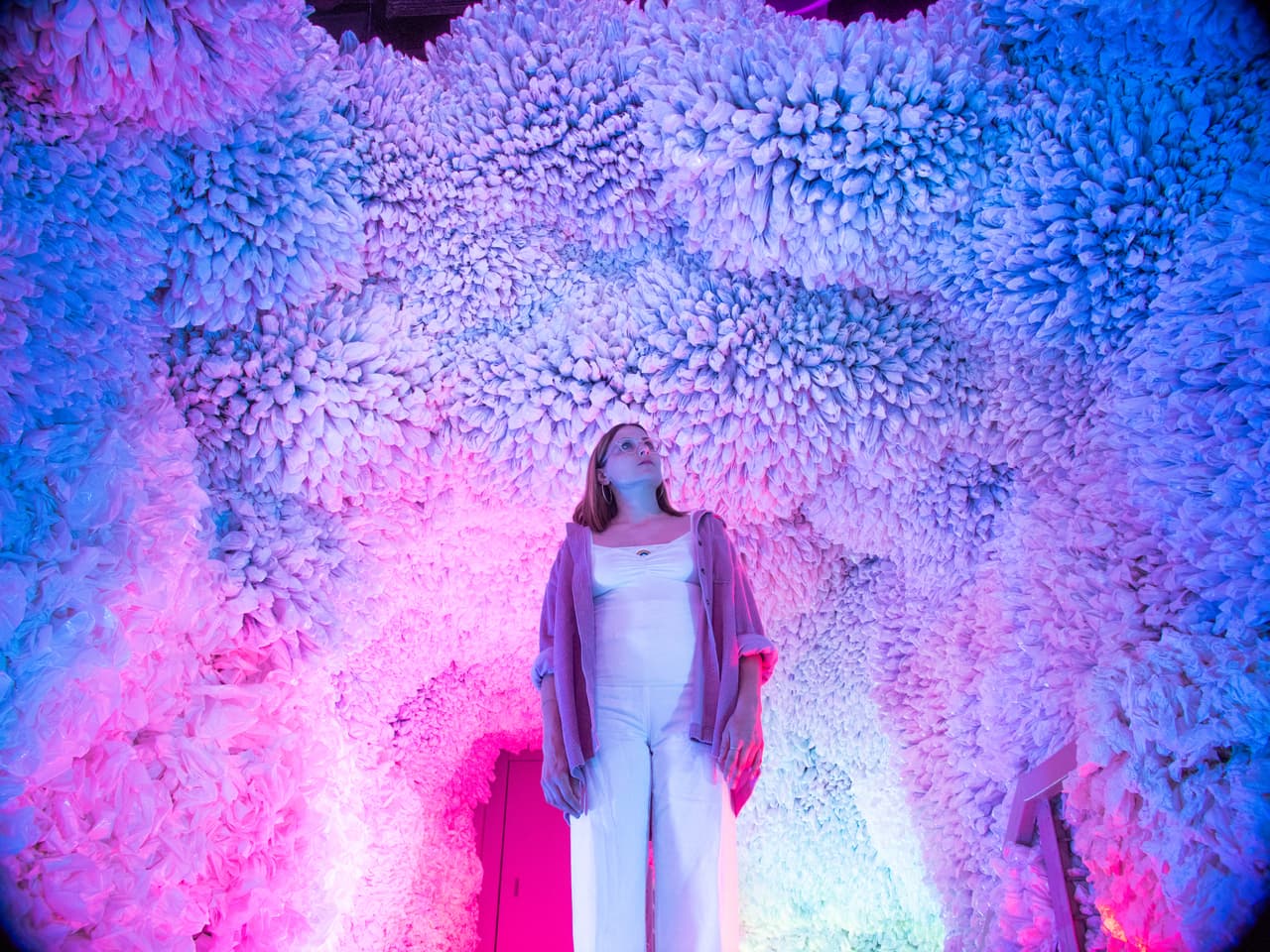 Al final del pasillo, pueden usar láseres en forma de aerosol para crear graffitis virtuales temporales en una pared de ladrillos.