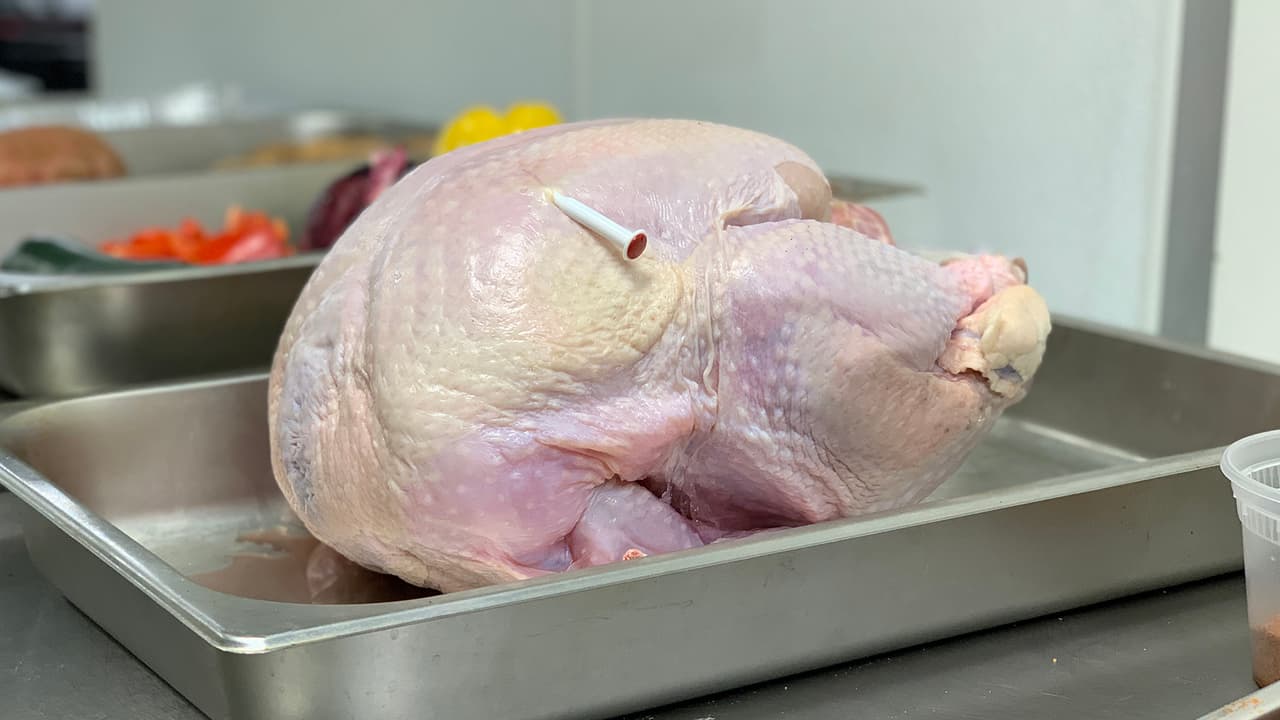 Al meterlo al horno asegúrate que alcance una 
<b>temperatura interna mínima</b> de 165 grados. Para esto, puedes insertar un termómetro al interior del muslo, ala y la parte más gruesa.